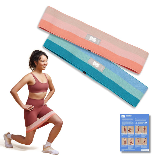 Fabric Hip Bands, Set of 2 No-Roll Glute Bands, Light & Medium Strength, Blue/Coral