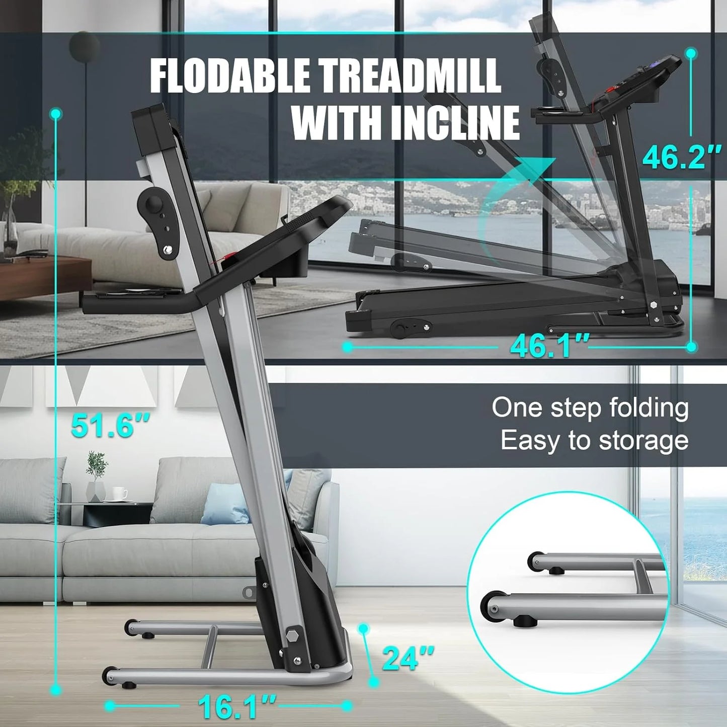 2.5HP Folding Treadmills for Home with Bluetooth & Incline, Portable Running Machine Electric Compact Treadmills Foldable for Exercise Home Gym Fitness Walking Jogging,Max Weight265Lb