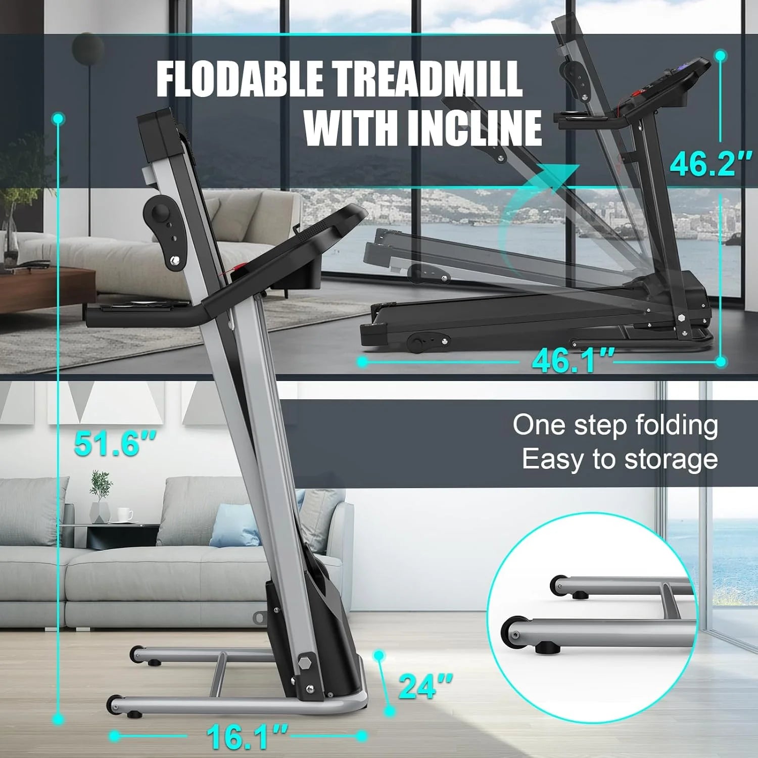 2.5HP Folding Treadmills for Home with Bluetooth & Incline, Portable Running Machine Electric Compact Treadmills Foldable for Exercise Home Gym Fitness Walking Jogging,Max Weight265Lb