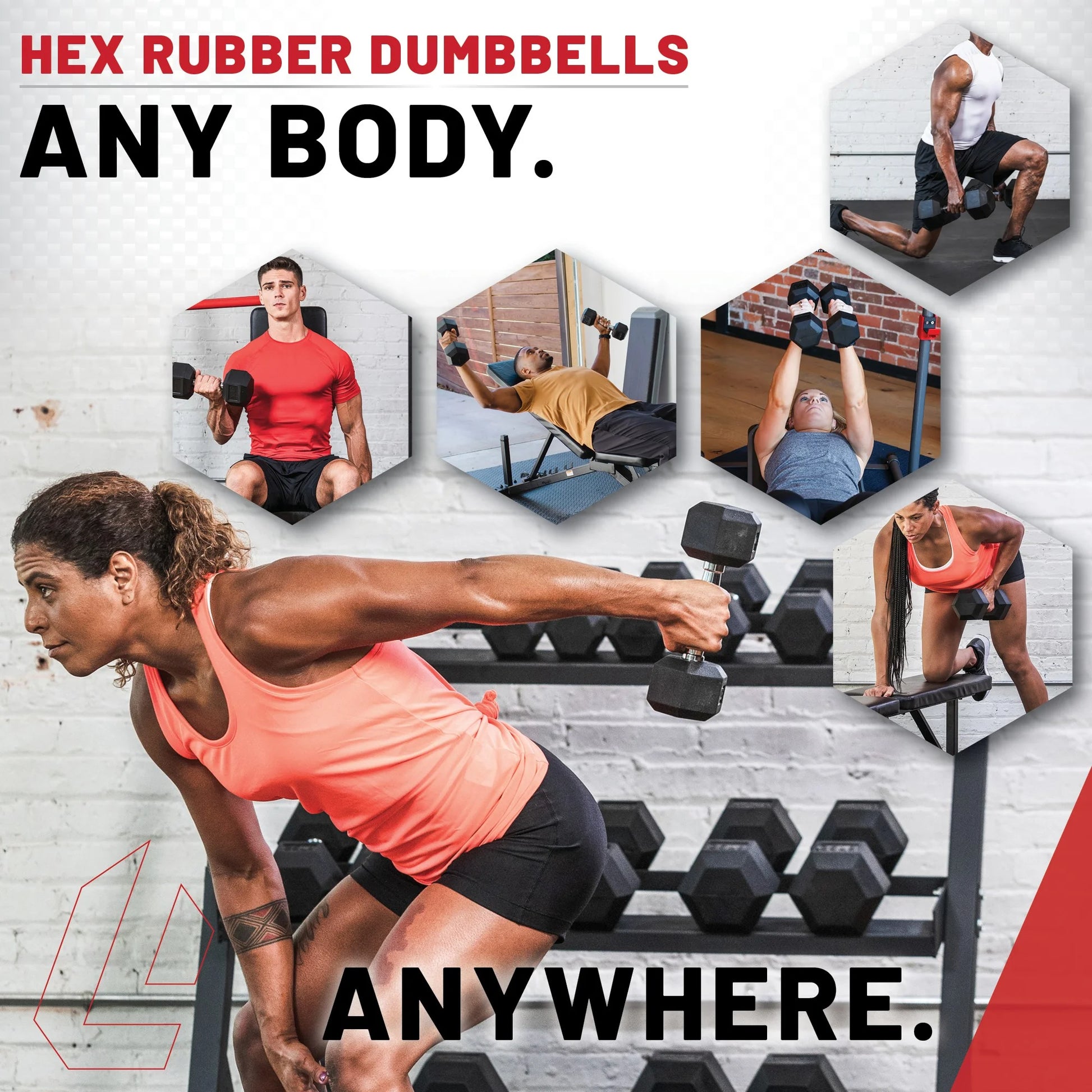Premium Rubber Hex Dumbbell, Single, 60 Lbs