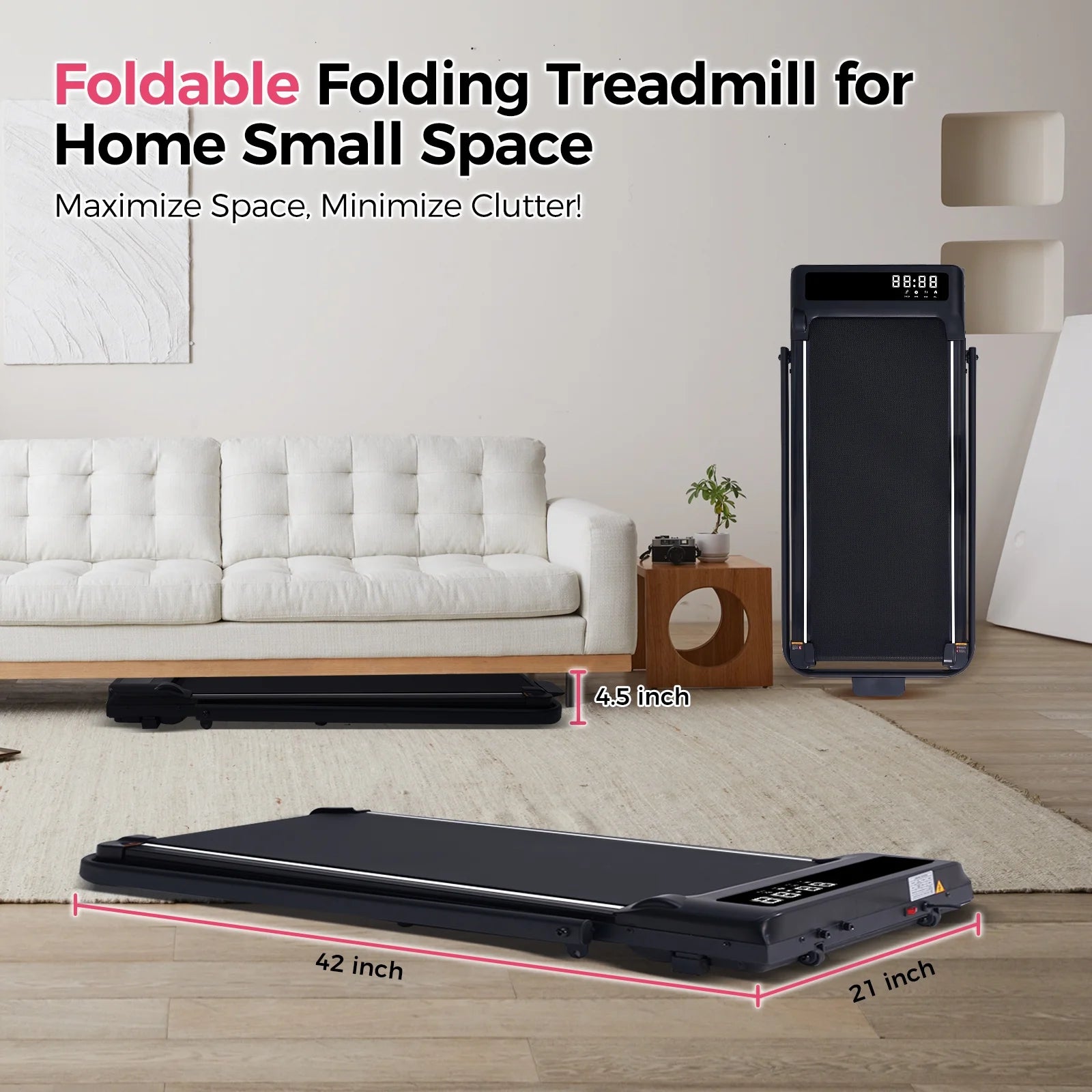 Folding Treadmill with Handles for Home Workouts,Portable Treadmill Compact under Desk Foldable Walking Pad Treadmills with LED Display,320Lbs Capacity