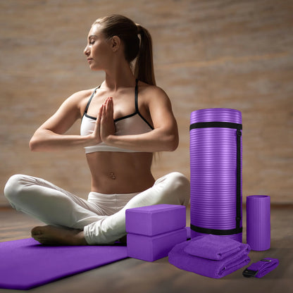 Fitness 7 Pc Yoga Set W/ Mat, Stretch Strap, & Knee Pad, Purple