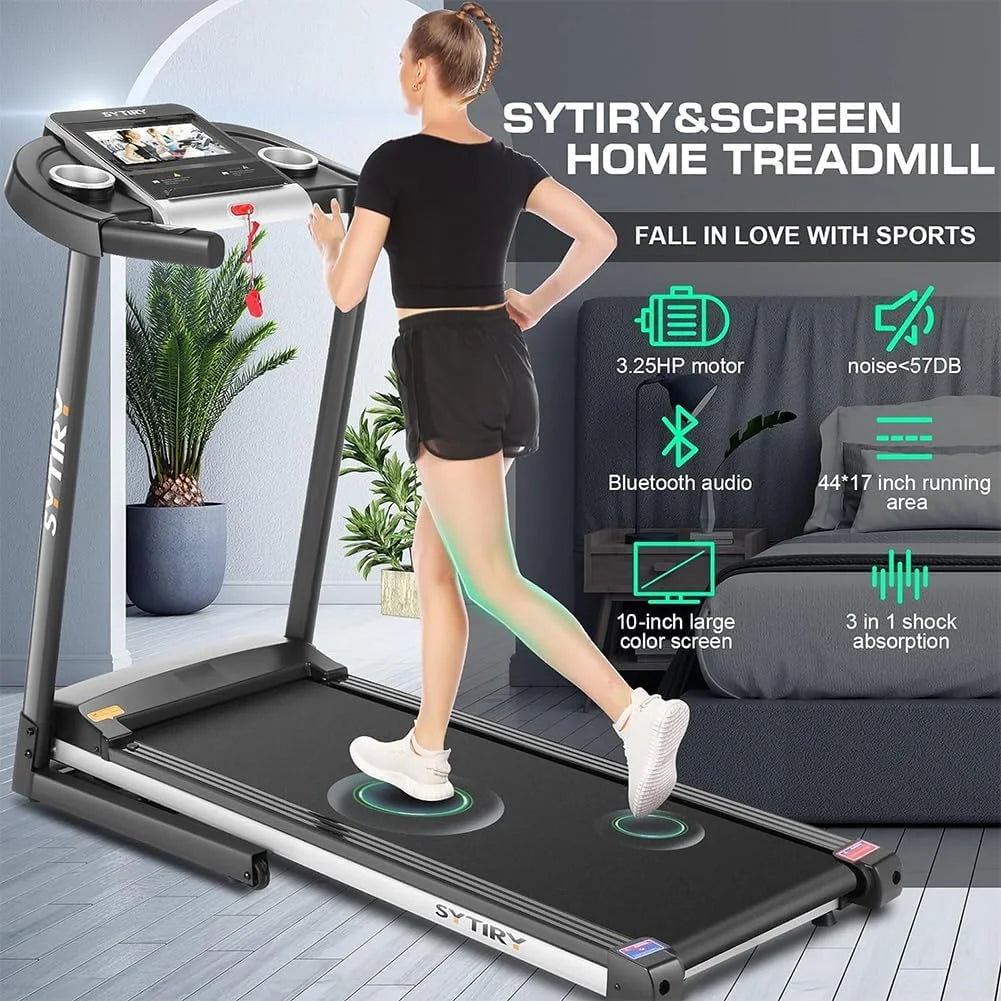 Treadmill with 10" HD TV Touchscreen & 3D Virtual Sports Scene, 3.25HP Folding Running Machine with Manual Incline, Foldable Treadmill with 265Lbs Weight Capacity for Home, Gym, Office, Black