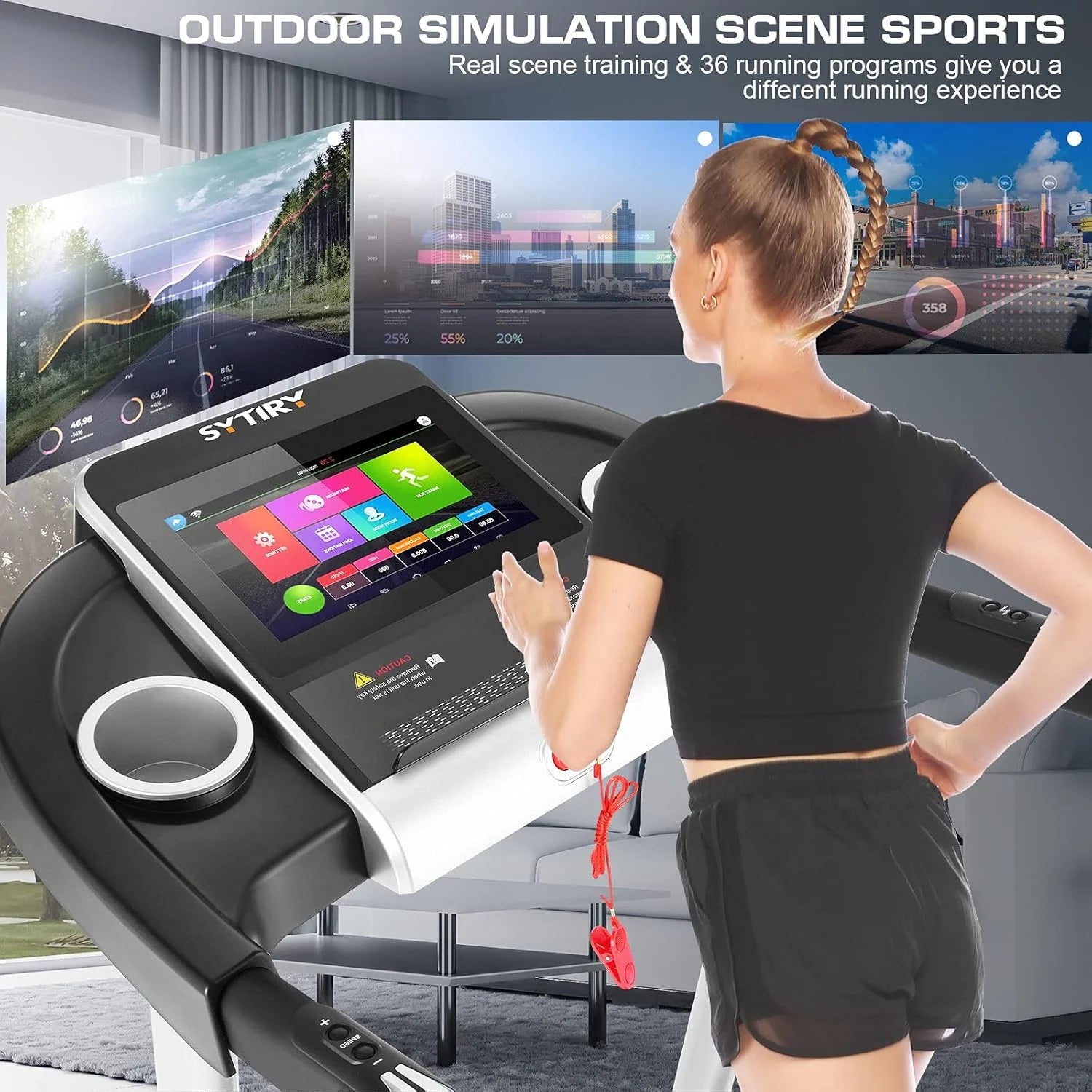 Treadmill with 10" HD TV Touchscreen & 3D Virtual Sports Scene, 3.25HP Folding Running Machine with Manual Incline, Foldable Treadmill with 265Lbs Weight Capacity for Home, Gym, Office, Black