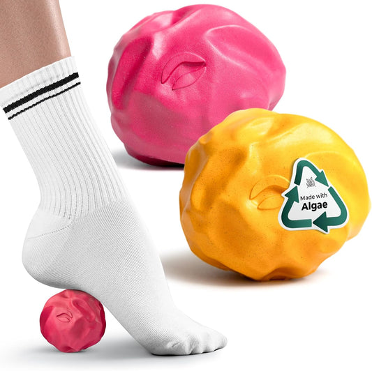 Wave Massage Ball Roller – Textured Lacrosse Ball for Plantar Fasciitis Relief, Muscle Knot Therapy, Myofascial Release – Travel Size Tool for Feet, Back Pain (Hot Pink and Gold) Pack of 2