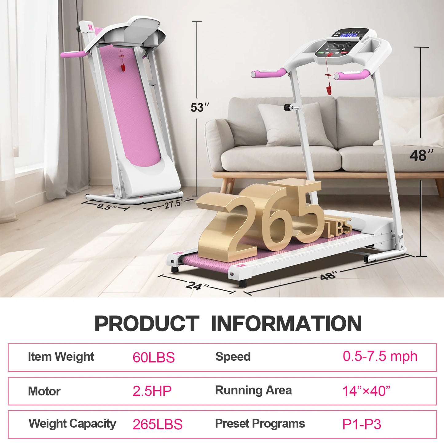 Pink Foldable Treadmill for Home, 2.5HP Quiet Electric Running Machine with Heart Rate Sensor and LCD Display