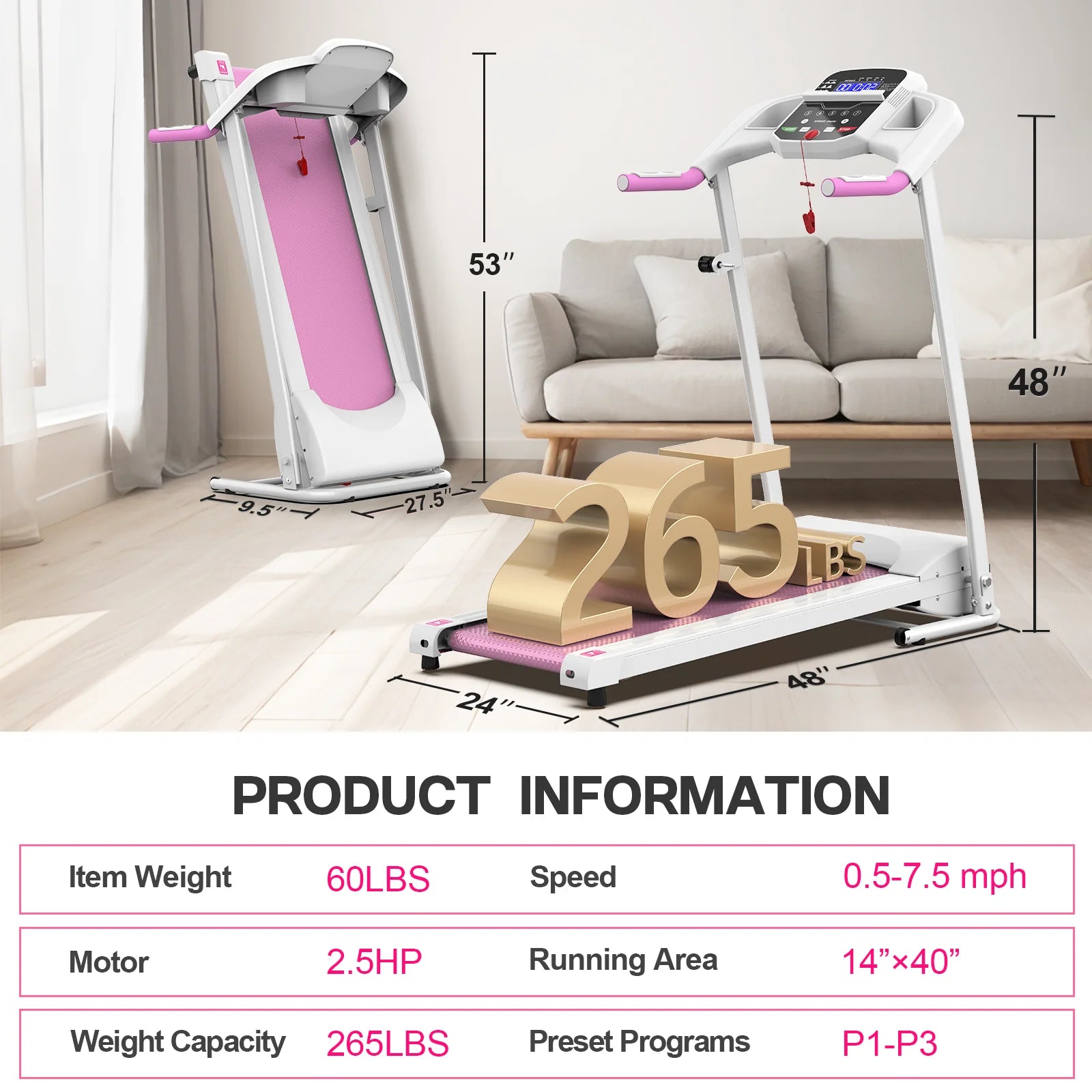 Pink Foldable Treadmill for Home, 2.5HP Quiet Electric Running Machine with Heart Rate Sensor and LCD Display