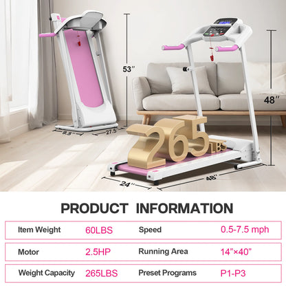 Pink Foldable Treadmill for Home, 2.5HP Quiet Electric Running Machine with Heart Rate Sensor and LCD Display