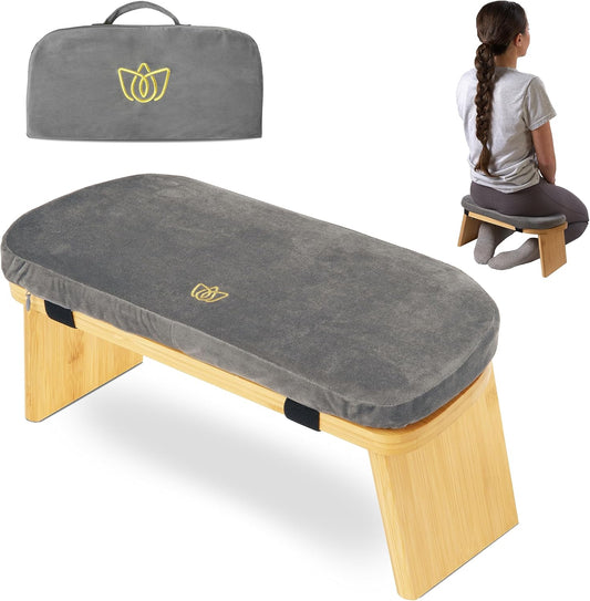 Folding Bamboo Kneeling Meditation Chair - 18 in X 7 in X 6 in Grey Modern Rectangular - with Cushion & Magnetic Locking Hinges - Portable Travel Meditation Bench with Anti-Slip Feet