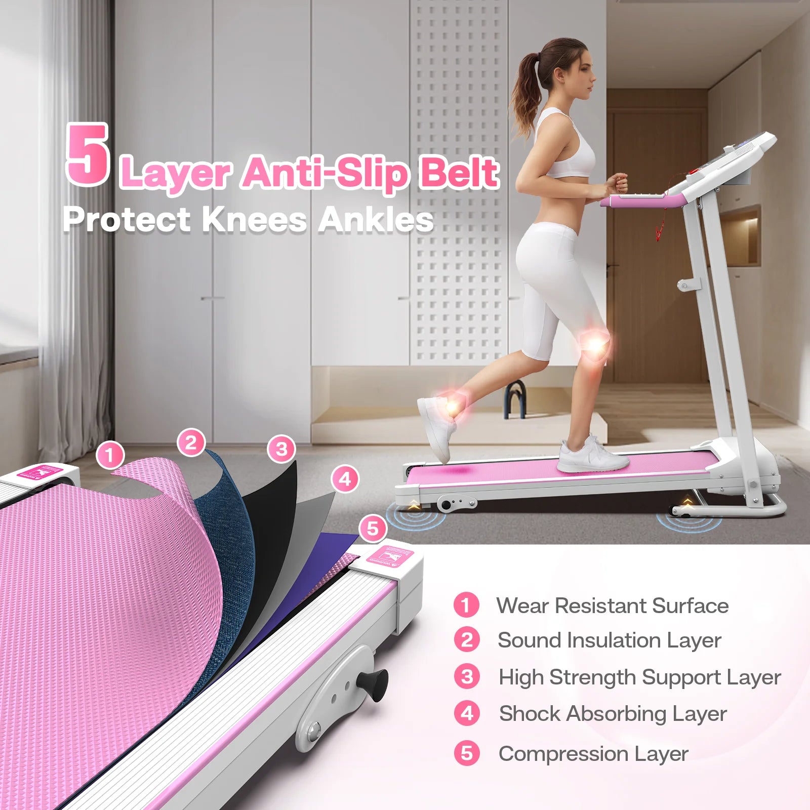 Pink Foldable Treadmill for Home, 2.5HP Quiet Electric Running Machine with Heart Rate Sensor and LCD Display